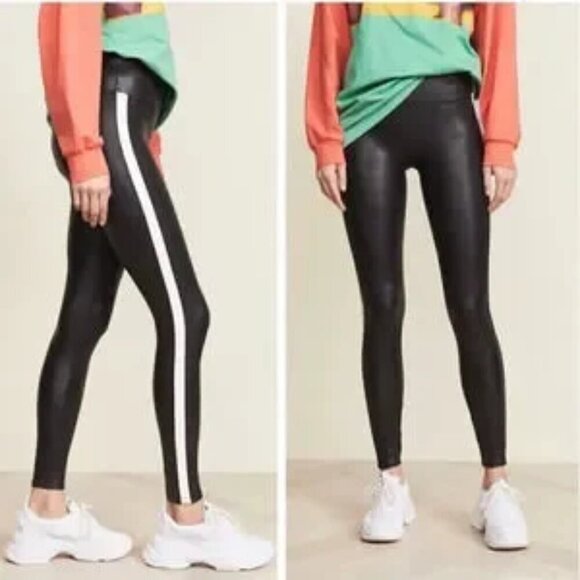 Spanx Faux Leather Racer Stripe Leggings Black Raw Hem XS Bodycon Workout Gym - Picture 3 of 11